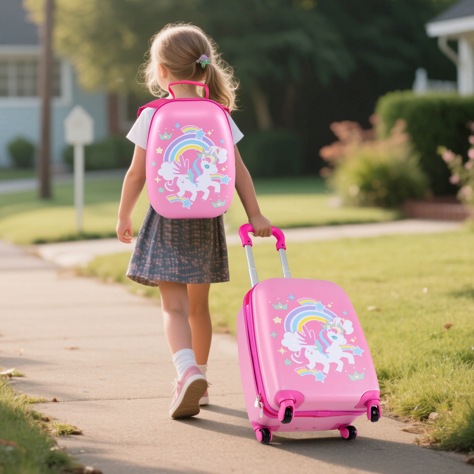 Costway 2PC Kids Carry On Luggage Set 12" Backpack and 16" Rolling Suitcase for Travel Multicolor