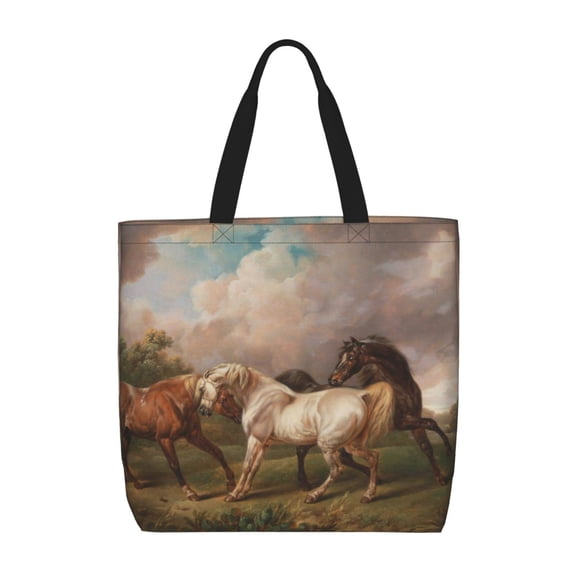 Defioc Three Horses Oil Painting Pattern Tote Bag for Women,Large Capacity Tote Bag with Zipper Casual Shoulder Handbags Shopping Bag
