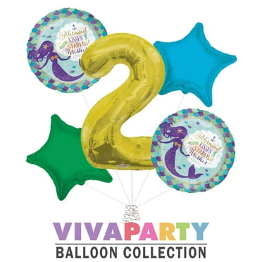 Mermaid Kisses and Starfish Wishes Round Balloon Bouquet 5 pc, 2nd Birthday, Gold Number 2 Jumbo Balloon | Viva Party Balloon Collection