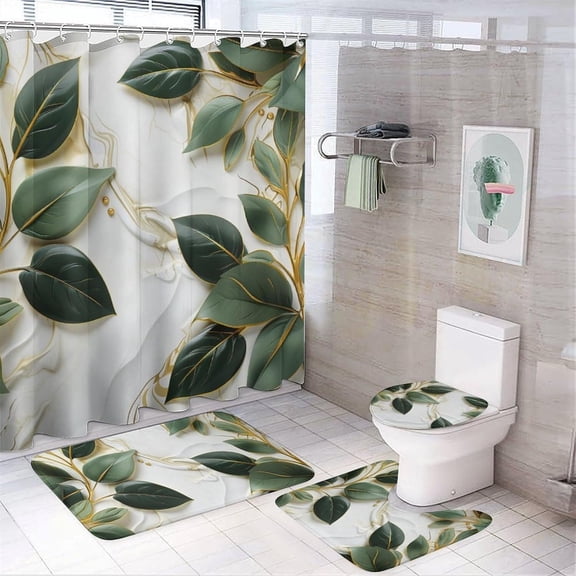 4Pcs Geometric Art Shower Curtain Sets with Rugs, Toilet Lid Cover and Bath Mat, 3D Style Gold Green Leaves White Flower Bathroom Curtains Decor Shower Curtains, 72" x 72"