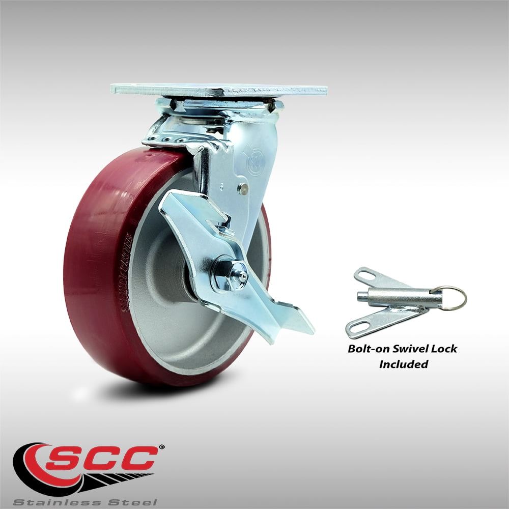6" Stainless Steel Poly on Aluminum Caster Swivel w/Top Lock Brake & Bolt On Swivel Lock