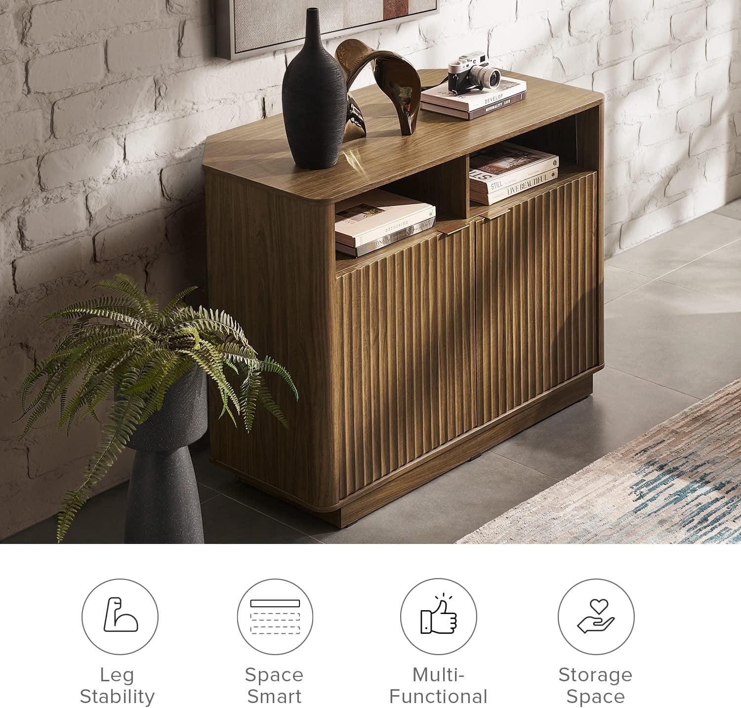 Mopio Brooklyn Mid-Century Modern Storage Cabinet, Corner TV Stand for TVs up to 50" (Walnut)
