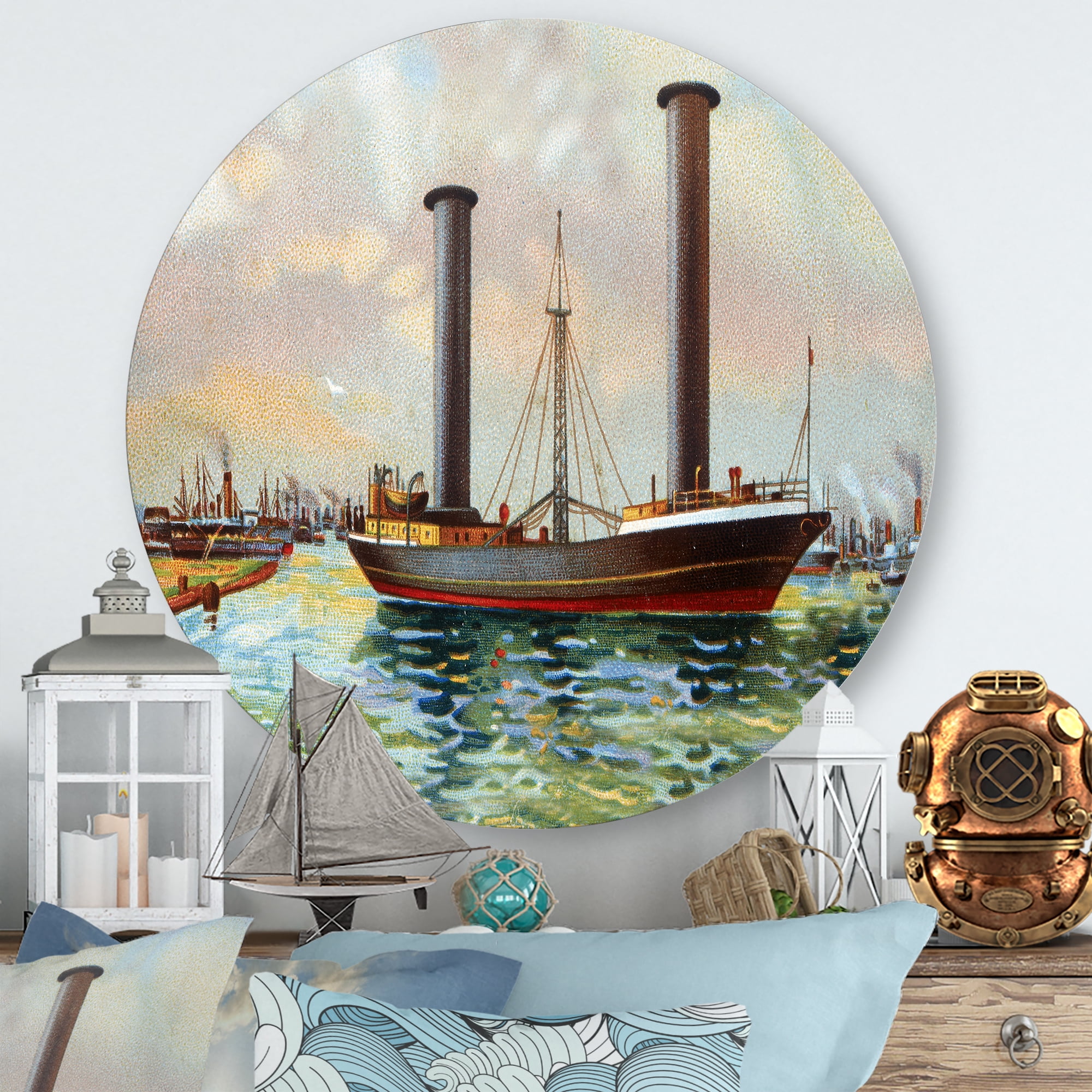 The Ancient Boat Leaving The Harbor 11 in x 11 in Painting Art Prints, by Designart