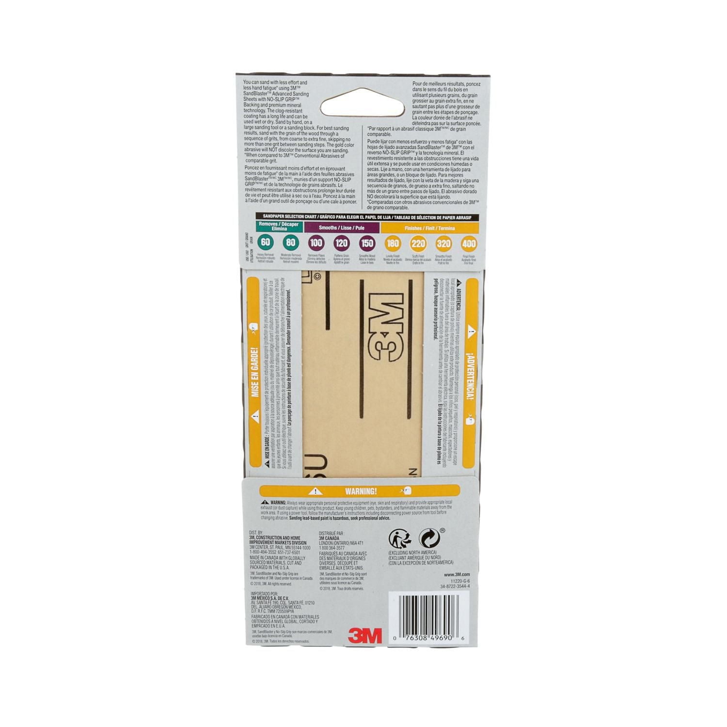 Feuilles abrasives avancées 11220-G-6 SandBlaster(MC) 3M(MC), avec NO-SLIP GRIP, grain 120 3 2/3 po x 9 po, 6/paquet