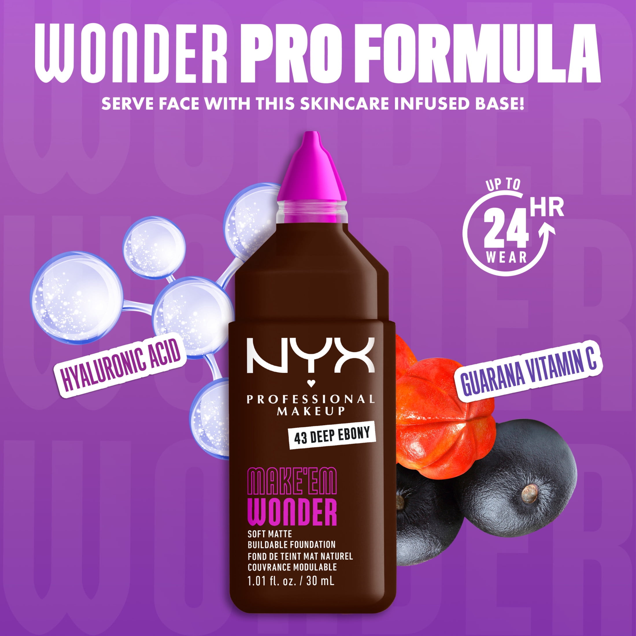 NYX Professional Makeup Make 'EM Wonder, 24H Soft Matte Foundation Makeup, DEEP EBONY 43