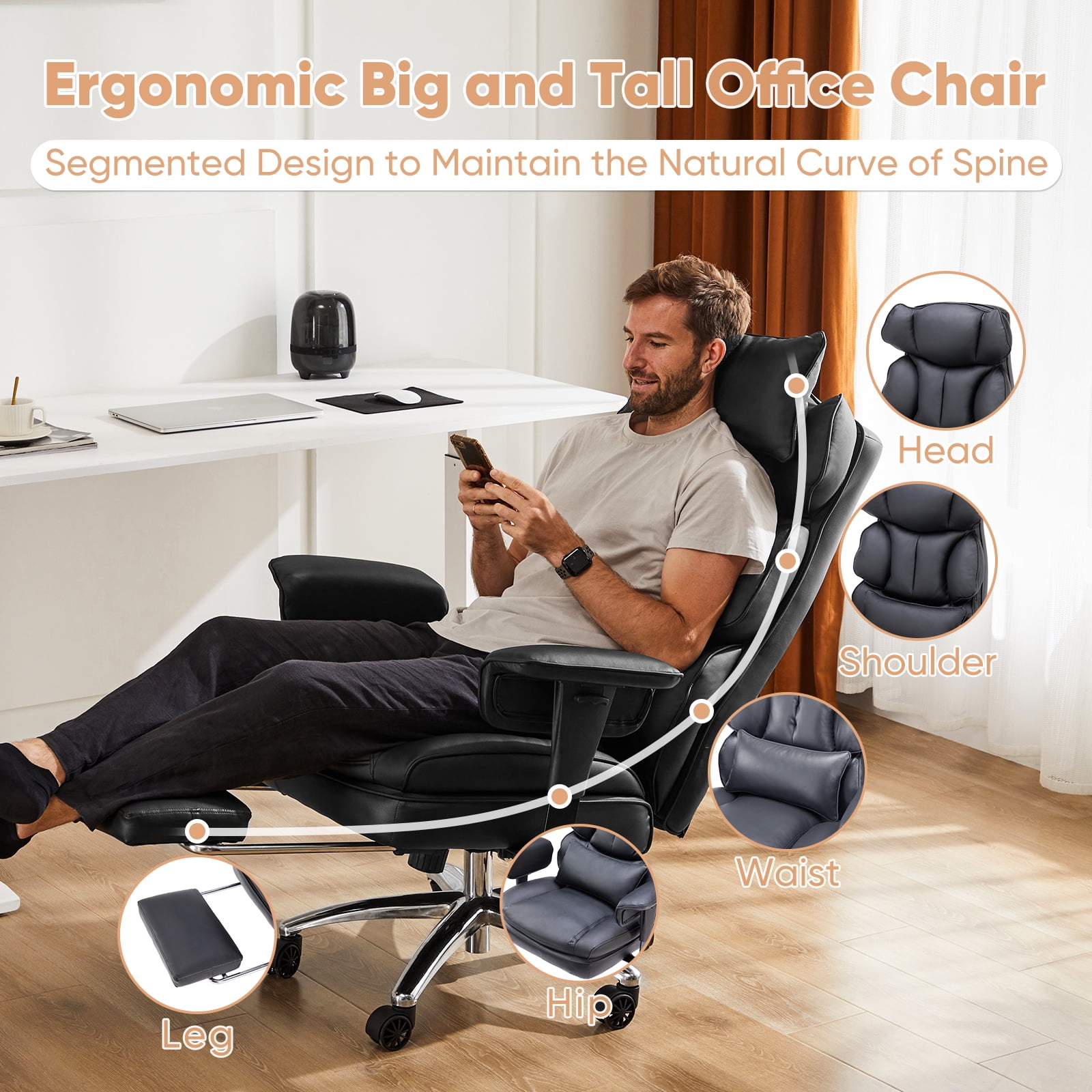 GIANNA Executive Home Office Desk Chair with Swivel Wheels, Footrest & Lumbar Support, Reclining Height Adjustable, Black