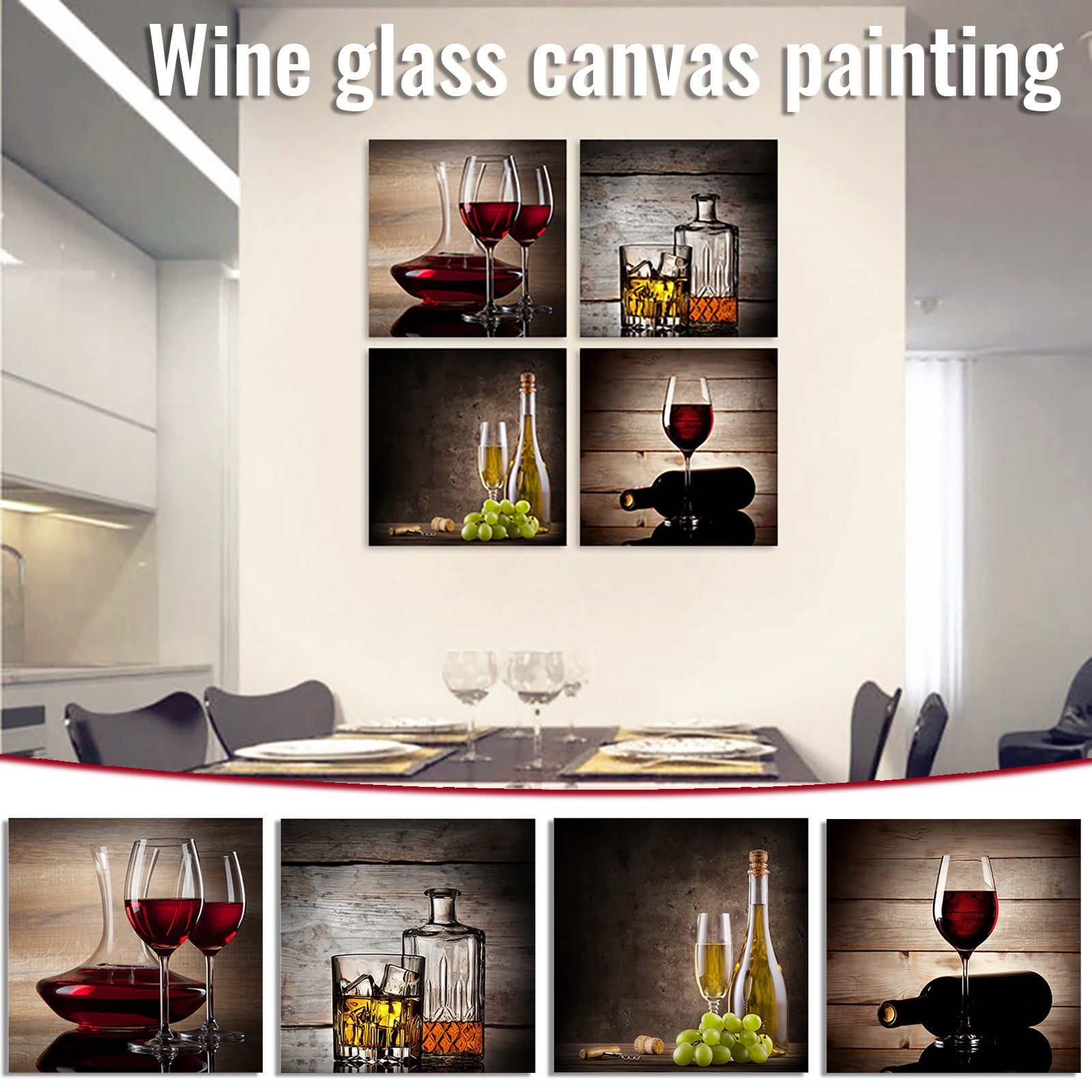 Apmemiss Clearance Kitchen Wall Art Canvas Artwork Red Wine Glasses Bottles Canvas Painting Printed on Canvas Contemporary Artwork Pictures for Dining Room Walls Decor Home Decoration 4 Panels