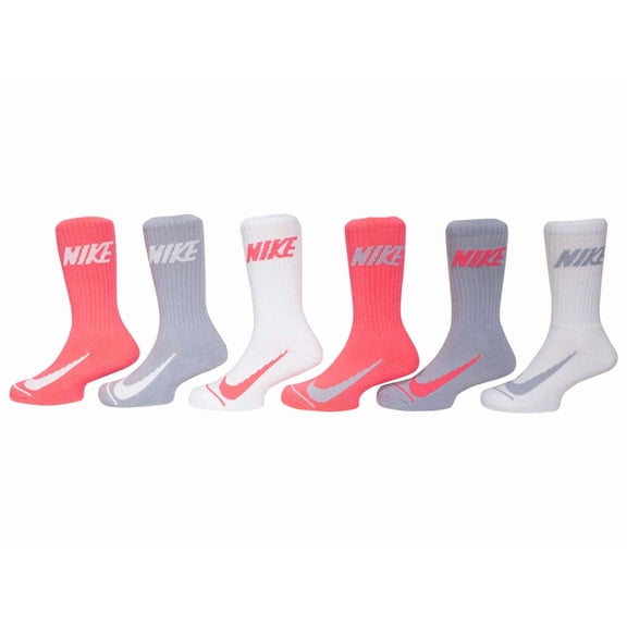 Nike Swoosh Toddler/Little Boy's Crew Socks 6-Pairs Pink/Grey/White Fits 10C-3Y