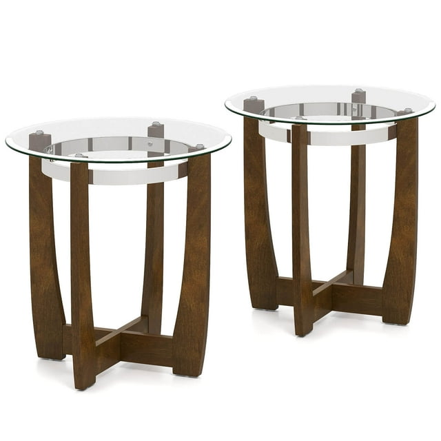 Costway 2 PCS 24" Round Side Table Glass End Table with Tempered Glass Top Cross Walnut