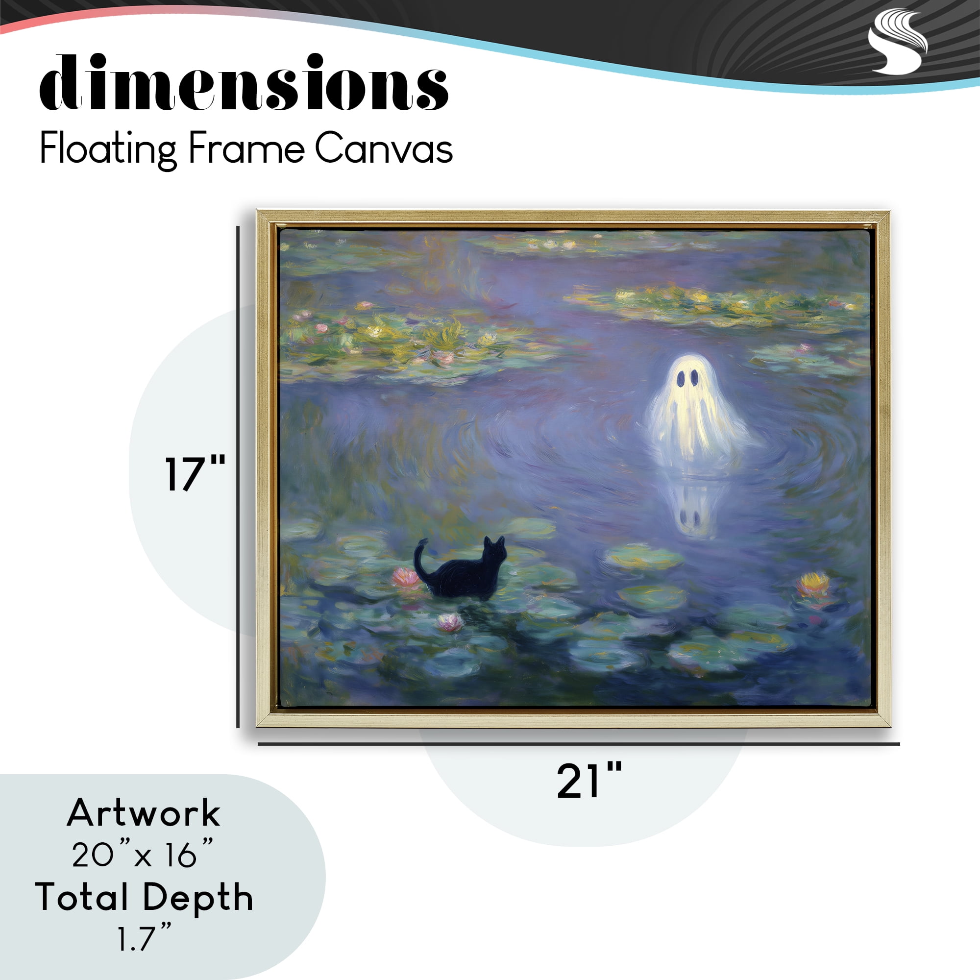 Water Lilies with Ghost & Kitty Gold Framed Floater Canvas Wall Art, design by Arlington Prints