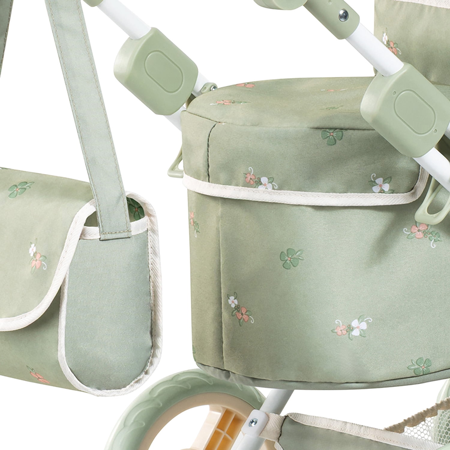 Bayer Design: Doll Pram Trendy - Green & Flowers - Play Push Stroller, Handbag, Adjustable Handle, Foldable, Toy Care Accessory Fits 18" Dolls, Kid 3+