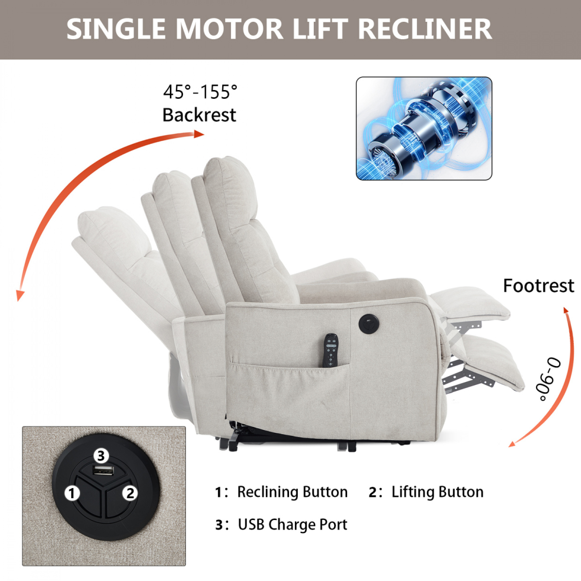 Beige  Chenille Single Motor Power Lift Recliner Chair with Massage and Heat for Elderly, Heavy Duty Motion Mechanism and One USB for Charging, Max Reclining Angle 155°