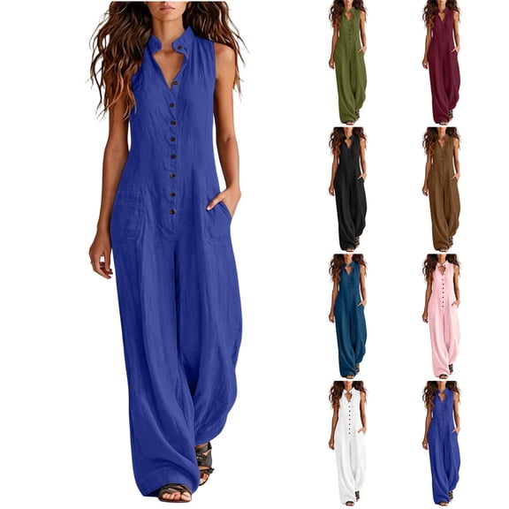 VBVC Women's Cotton Linen Button Front Jumpsuit , Sleeveless Baggy Overall For Women , Ladies' Summer Wide Leg Romper with Pockets, Blue , S-2XL