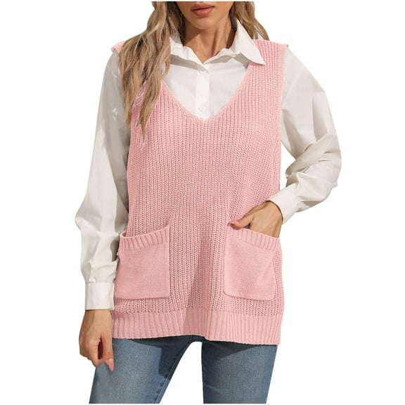 JIUKE Sweaters Vests for Women Casual Sleeveless V Neck Loose Knit Casual a Line Flattering Tunic Top with Pockets
