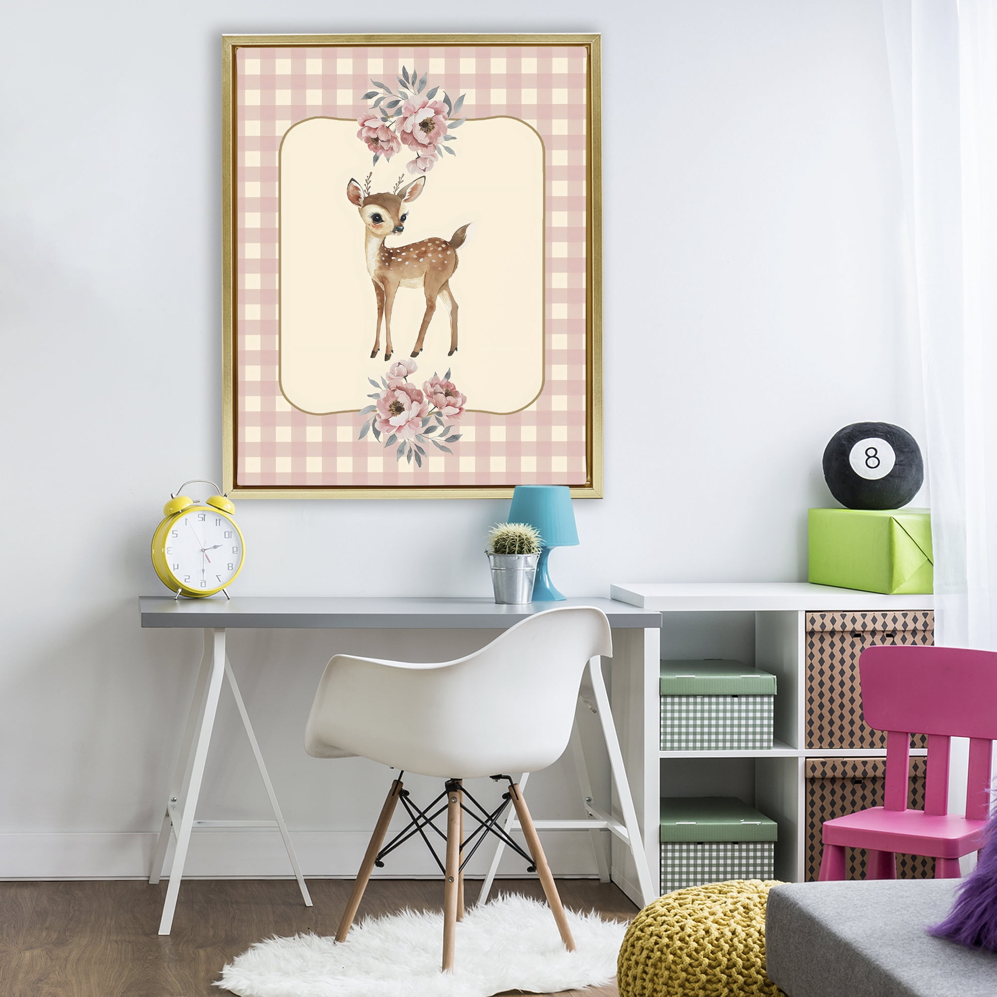 Stupell Industries Baby Deer Pink Gingham Gold Framed Floater Canvas Wall Art, design by LSR Design Studio