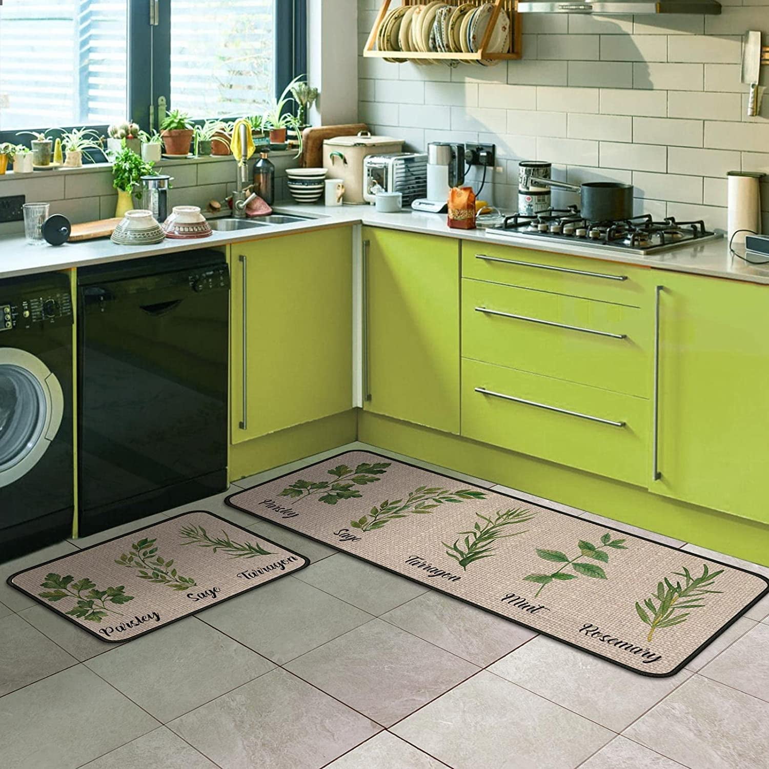 chiinvent Green Kitchen Mats for Floor Set of 2 Chic Herbs Plants Pattern  Non Skid Washable Kitchen Rug Anti Fatigue Cushioned Memory Foam Kitchen