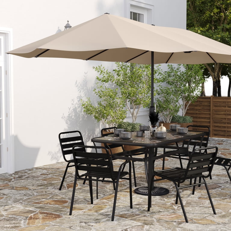 15 ft triple vent patio umbrella Merrick Lane 15 ft Triple Head Umbrella for Patio Use with Top Air Vents, Crank Handle, and Easy Lift Function in Tan