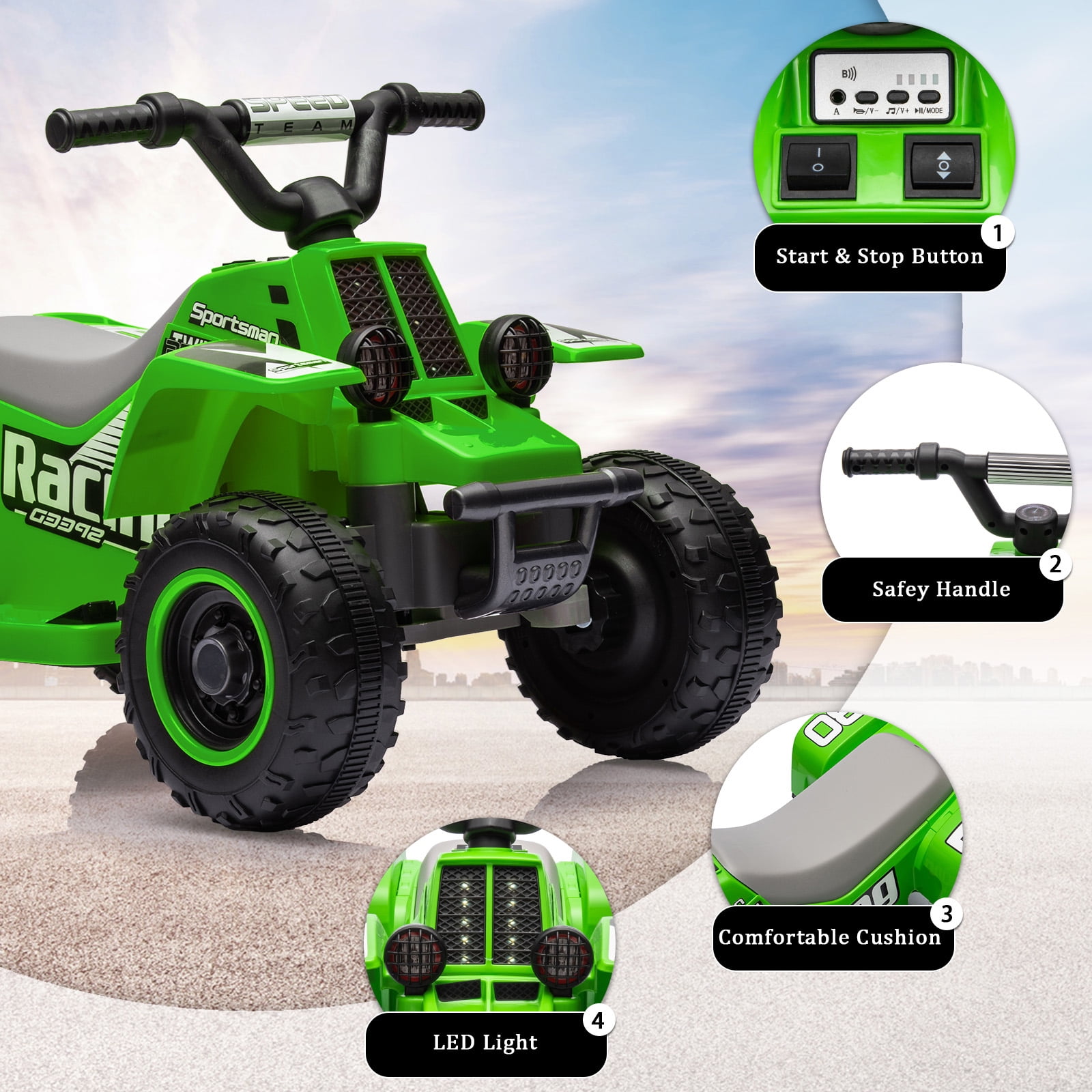 Accreate Kids Ride On ATV, 6V Ride On Car with Led Headlights, Music, Treaded Tires, Rubber Handles, Push-Button Accelerator, forward & Reverse