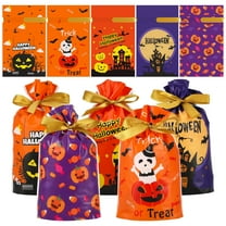 AOWOO 50 Pcs Halloween Treat Bags, Kids Halloween Trick or Treat Bags Halloween Goodie Bags, Candy Bags with Ties, Cookies Plastic Gift Bag for Party Decoration Supplies
