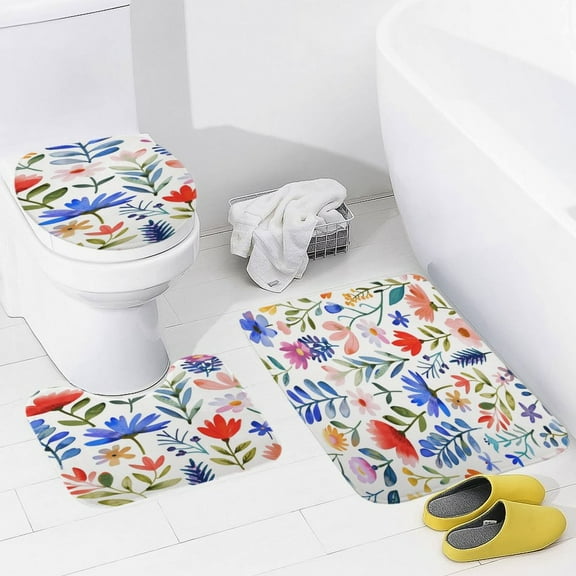 Floral Colorful Flower Bathroom Mats Set of 3 Pieces，Non Slip Non Slip Mats, Washable Mats, Decorative Carpets for Bathrooms, Kitchens, And Bedrooms.