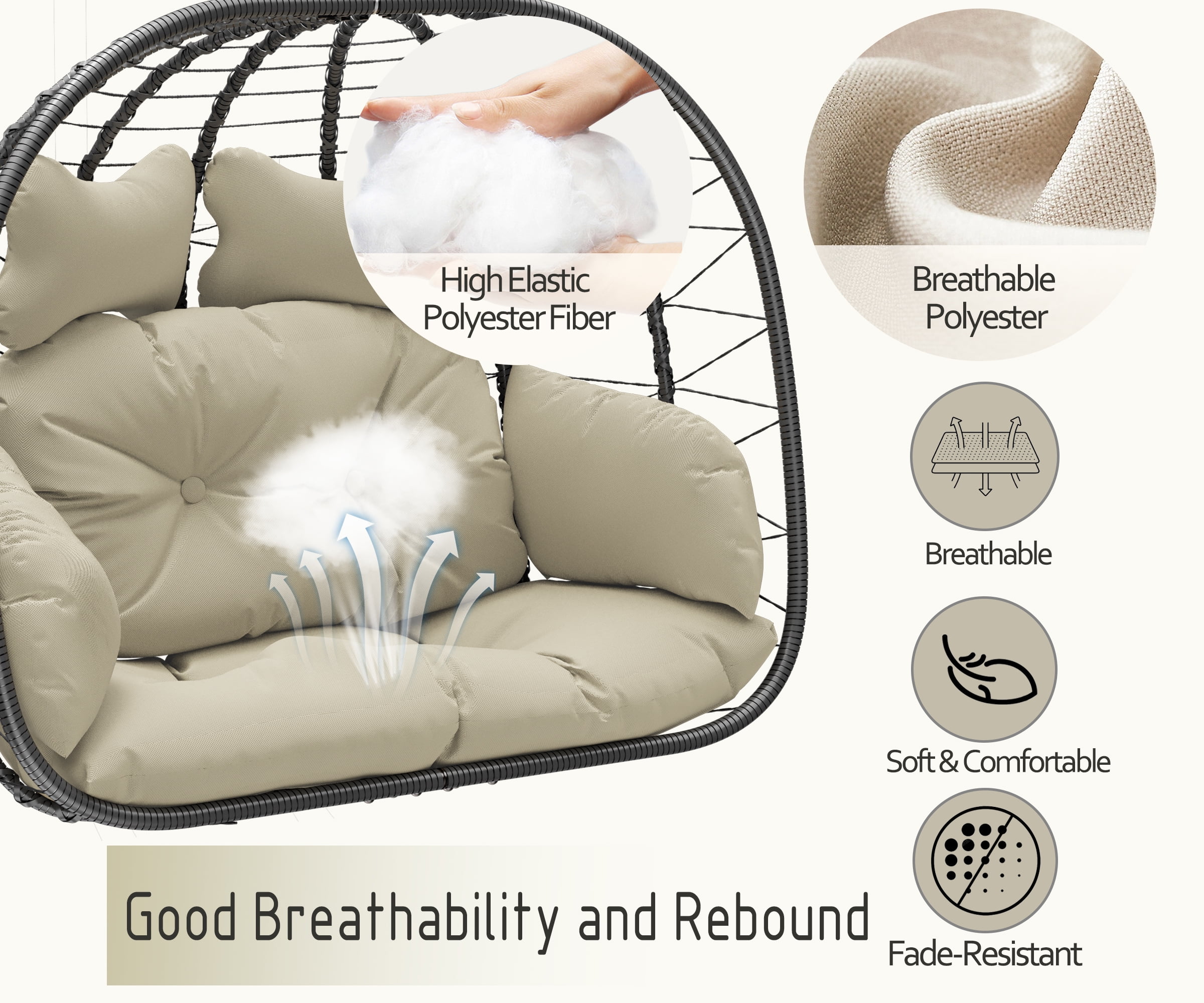 LHBcraft Double Wicker Swing Egg Chair Hammock Foldable Hanging Loveseat with Stand, UV Resistant Removable Cushions, 700LBS Capacity for Bedroom, Balcony (Black and Beige)