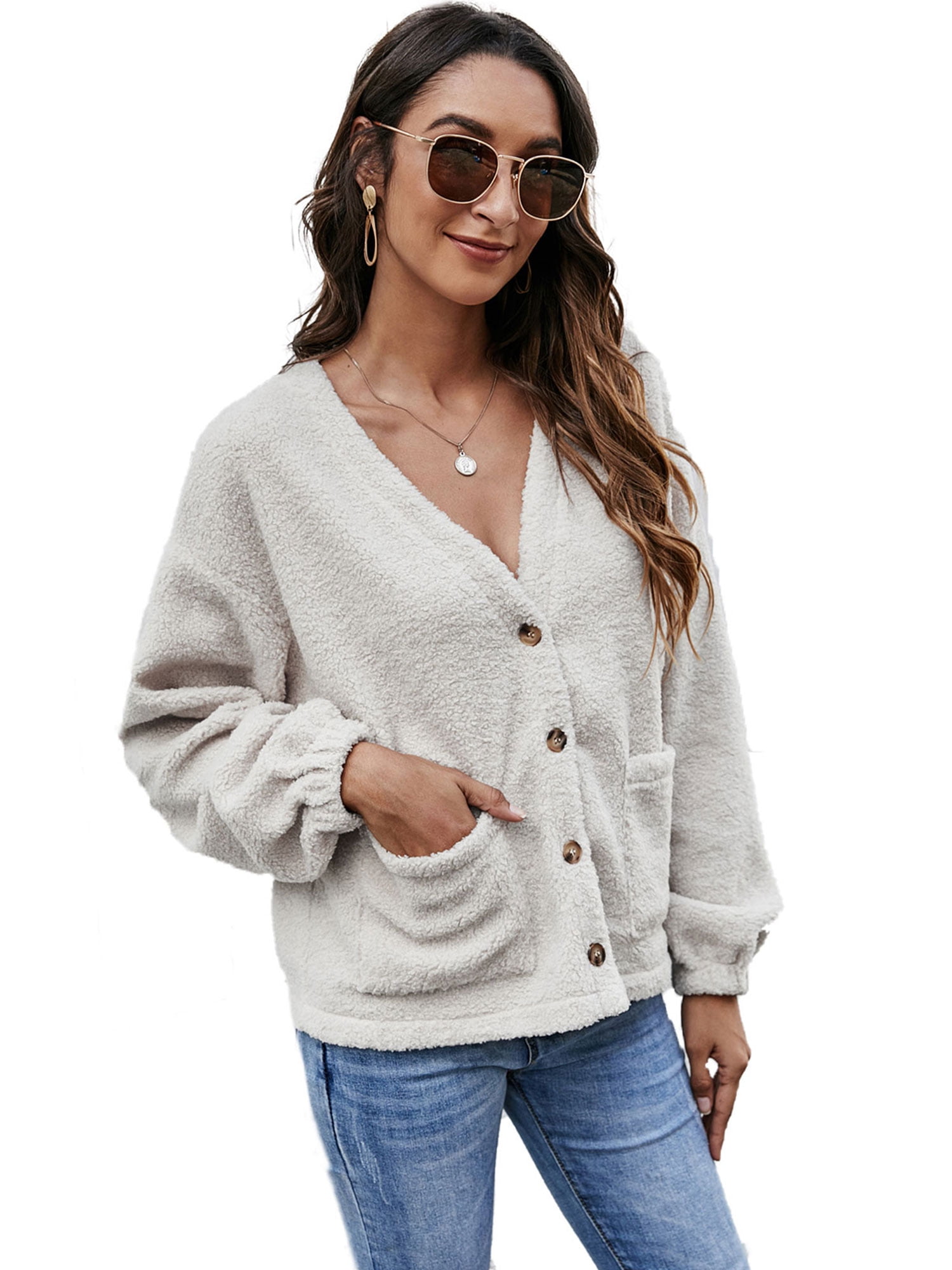 Women Button Down Fleece Cardigan 