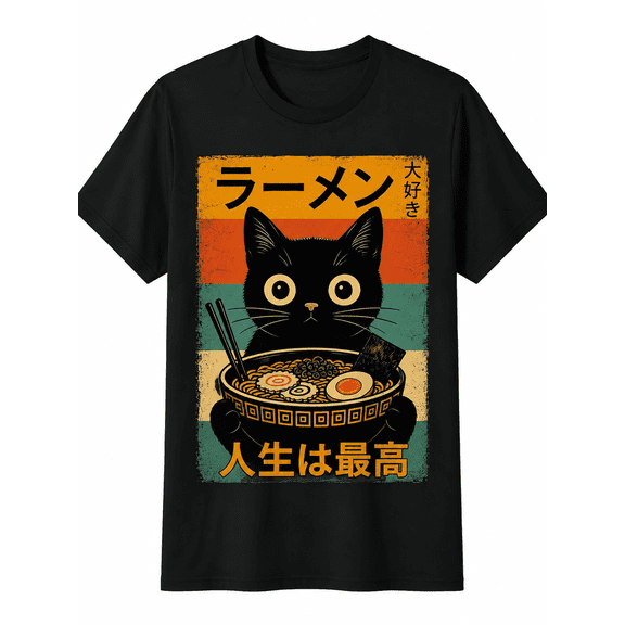 Women's Vintage Black Cat Ramen Graphic T-Shirt Japanese Style Funny Cat Short Sleeve Casual Crew Neck Tee