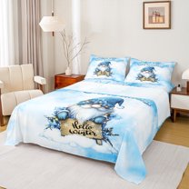 Castle Fairy Teens Boys Girls Kawaii Blue Gnome 4-Piece Full Size Sheets,Merry Christmas Snowflake Bed Sheets,Happy New Year Lightweight Sheet Sets,Luxury Bedroom Decor
