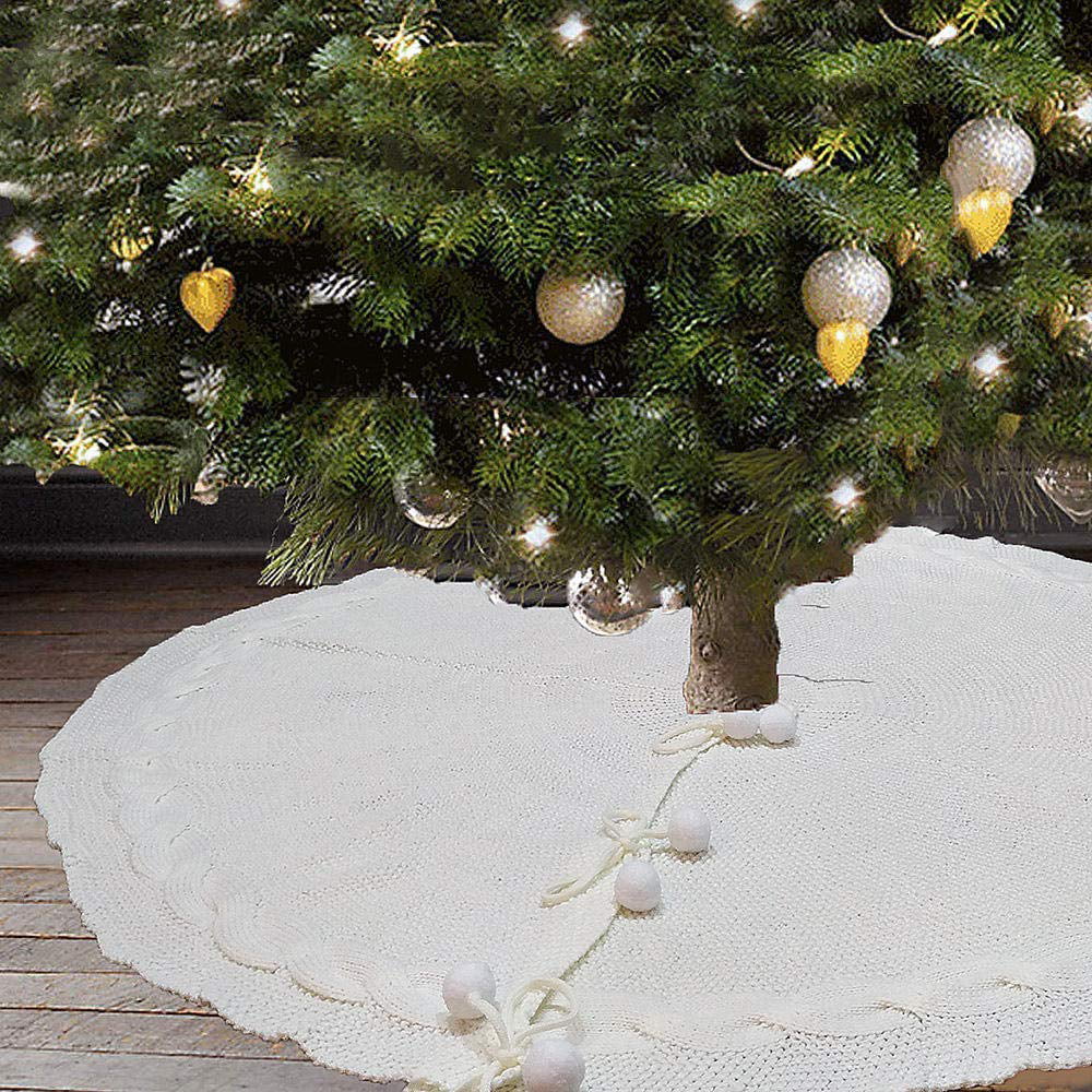 PovKeever Christmas Tree Skirt 48 inches Traditional Knitted Thick Rustic Tree Skirt Skirt for Xmas Home Festival Ornaments Indoor Outdoor 