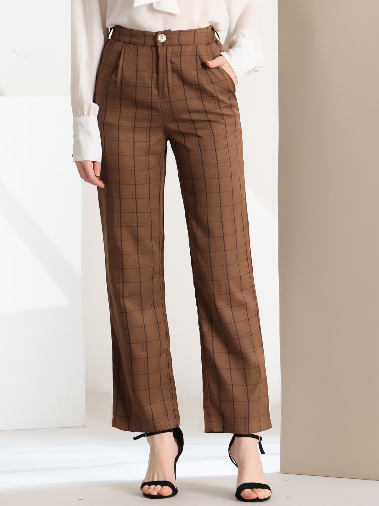 DARING DIVA Women's Plaid Trousers Pockets Straight Leg Casual Pant XS Dark Brown black