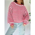 thumbnail image 6 of Women'S Vintage Striped Sweater Crew Neck Long Sleeve Cropped Color Block Casual Loose Knit Pullover Top Red S, 6 of 7