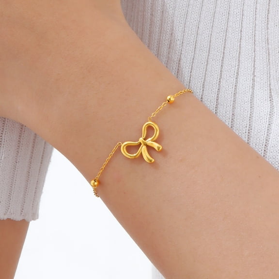 Gold Link Chain Bracelets for Women, 14K Gold Plated Spacer Beads Ribbon Womens Link Bracelets, Adjustable Stainless Steel Jewelry Gifts