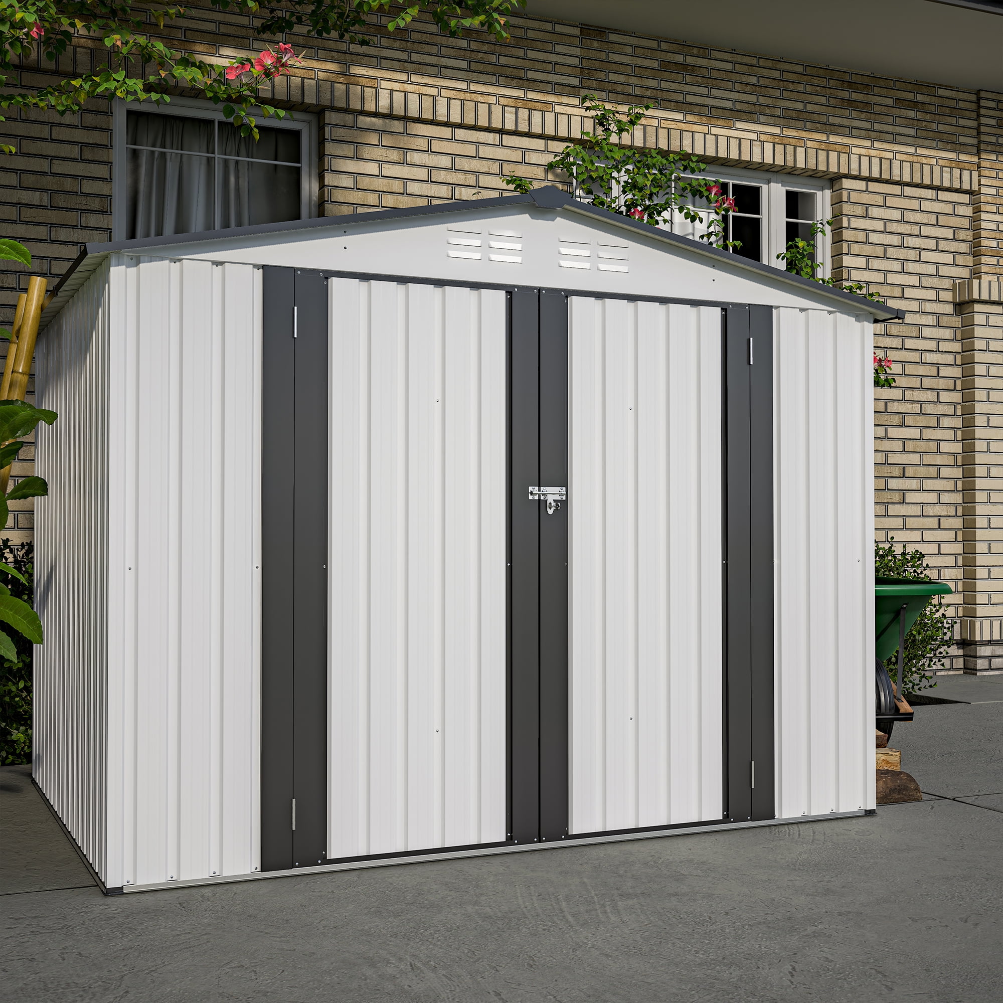 Aukfa Outdoor Storage Shed,8 x 6 ft Metal Sheds w/ Lockable Doors for Garden, Backyard,White