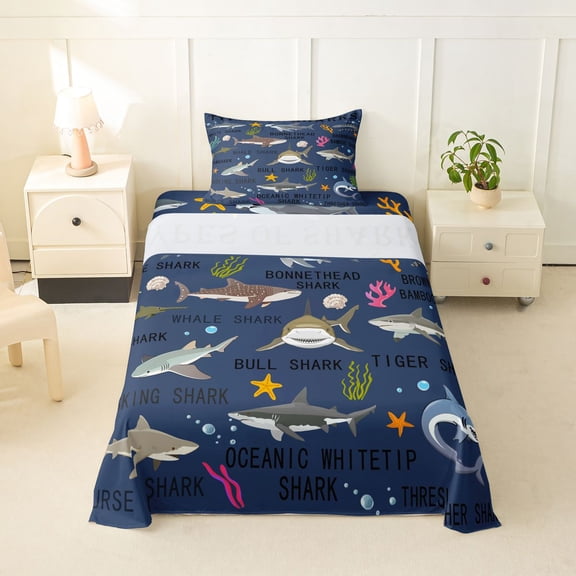 Feelyou Dark Shark Ocean Twin Sheet Sets for Boys Girls Kids, Sea Coral Marine Wildlife Bedding, Navy, 3pcs