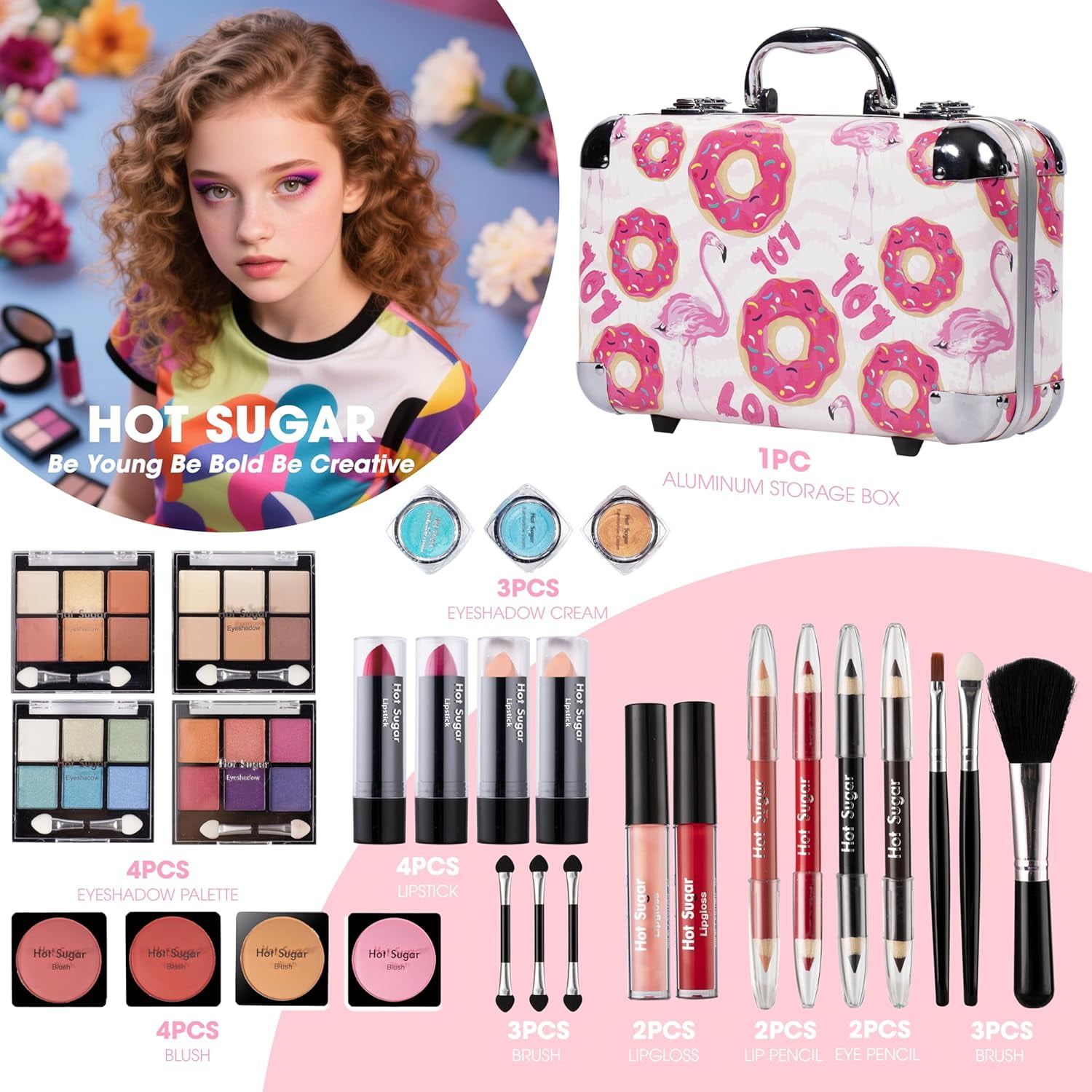 Hot Sugar Makeup Kit for Girls 10-12, Basic Cosmetic Set for Women - Perfect Gift to Begin The Makeup Journey (Doughnut)