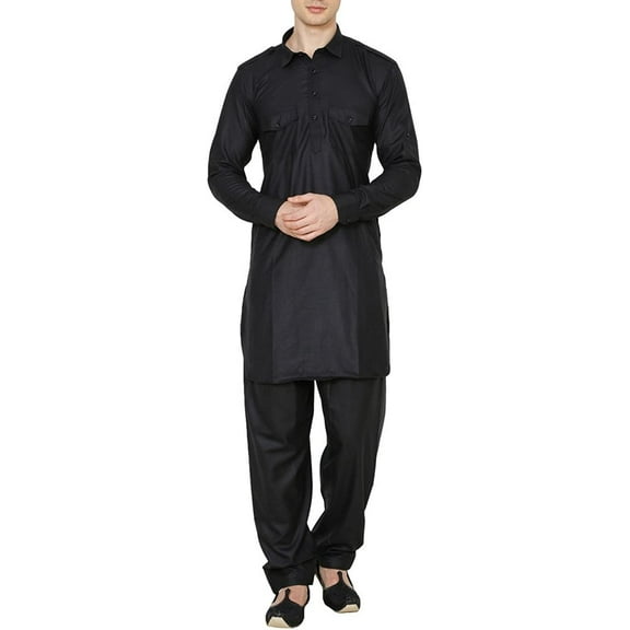 Royal Kurta Mens Cotton Pathani Suit Black