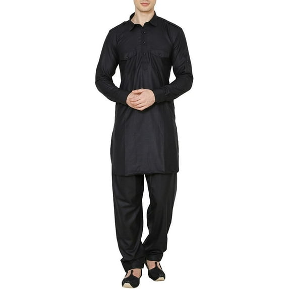 Royal Black Cotton Blend Pathan Suit For Men