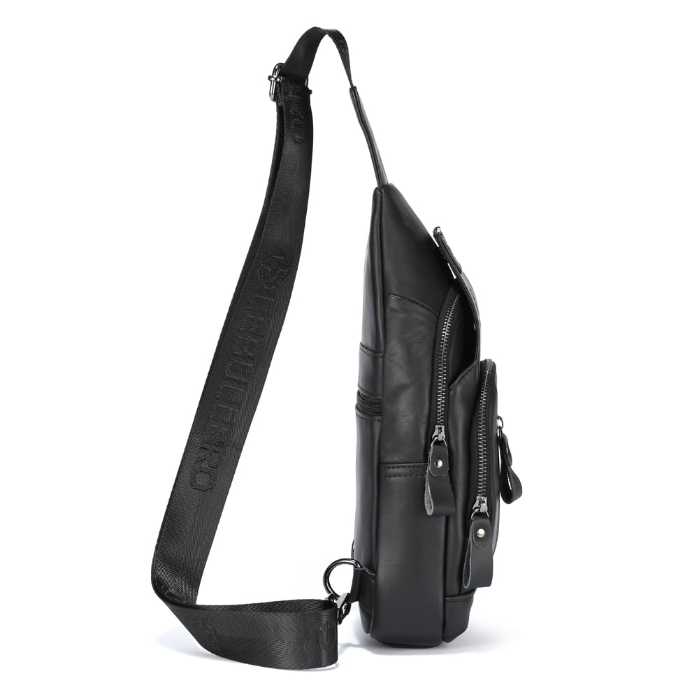LEBULLBRO Sling Bag for Men Genuine Leather Chest Bag Crossbody Backpack Travel Hiking Outdoor Sports Black