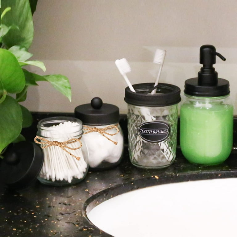 Premium Mason Jar Bathroom Accessories Set (6PCS) - Lotion Soap  Dispenser,Toothbrush Holder,2 Apothecary Jars(Qtip Holder),Soap Dish,Metal  Wire