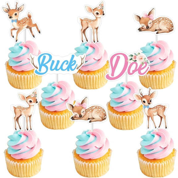 Cheereveal 24Pcs Buck or Doe Gender Reveal Cupcake Toppers, Blue and Pink Gender Reveal Decorations for Boys Girls, Deer Themed Baby Shower Birthday Party Supplies