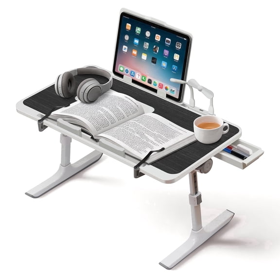 PHANCIR Height & Angle Adjustable Lap Desk, Folding Laptop Desk with USB Fan LED Light & Book Stand, Laptop Bed Tray with Cooling Fan for Home Office, Black