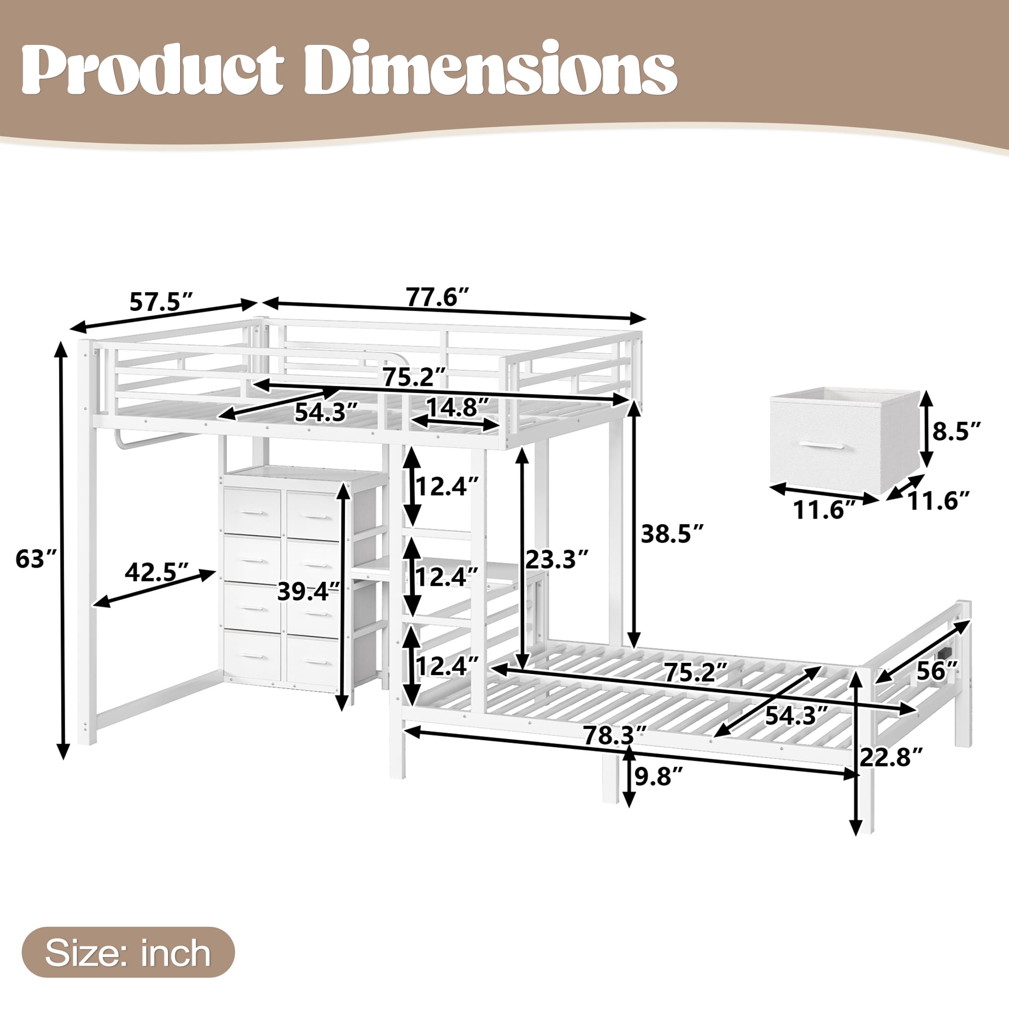 HOQBN Bunk Bed Full over Full with 8 Storage Drawers and Desk,Storage Shelves,Garment Hanging Roddetachable Hanging USB,White