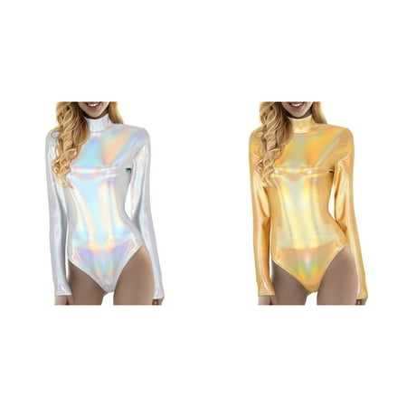 (2-Pack) Rinsvye Women Yoga Jumpsuits Shiny Sequin Rompers for Women Metallic Leather Long Sleeve Turtle Neck Long Sleeve Leotard Long Pants Jumpsuit Rompers Bodysuit
