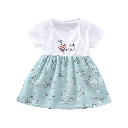 

CLZOUD Girls Dresses with Sleeves Mint Green Cotton Blend Toddler Baby Kids Girls Cartoon Cat Print Flower Dress Princess Dresses 100