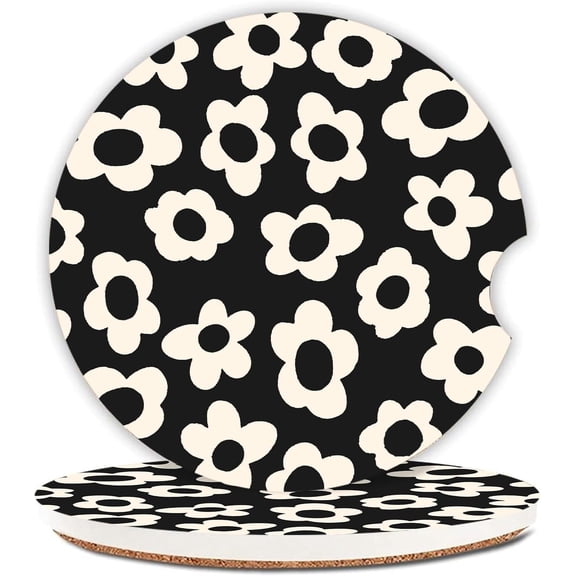 2 Pack Absorbent Car Coasters Cup Holders 2.56 Inch Ceramic Stone Cork Base White Flower