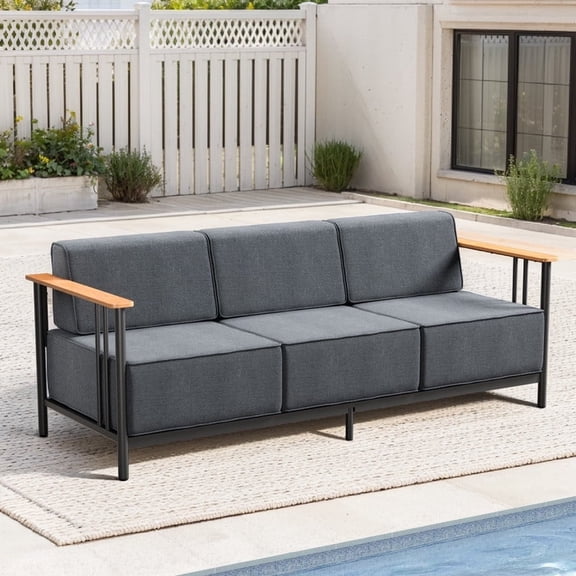 Giantfurnni Outdoor Sofa Patio Metal 3 Seats Sofa Furniture Couch Chair with 10" Cushions, Gray