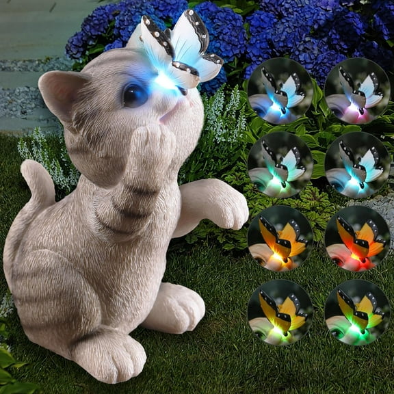 Solar Cat Garden Statue - Color Changing LED with Butterflies, Resin Decor for Patio & Lawn