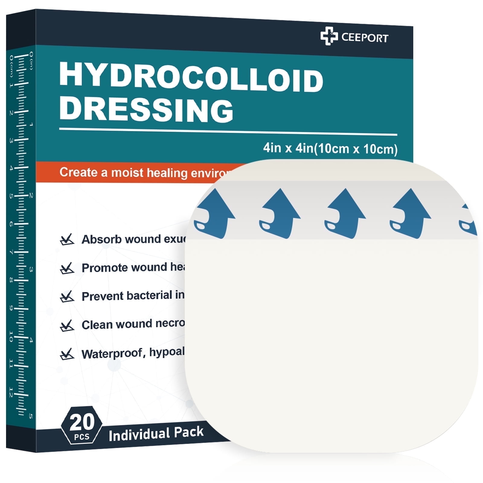 Ceeport 20 PCS Hydrocolloid Wound Dressing, 4" x 4" Ultra Thin Hydrocolloid Bandages, Self Adhesive Hydrocolloid Patch for Mild Exudative Wounds, Creating a Moist Environment to Promote Wound Healing