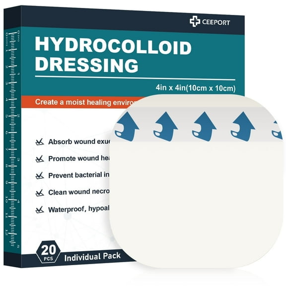 Ceeport 20 PCS Hydrocolloid Wound Dressing, 4" x 4" Ultra Thin Hydrocolloid Bandages, Self Adhesive Hydrocolloid Patch for Mild Exudative Wounds, Creating a Moist Environment to Promote Wound Healing