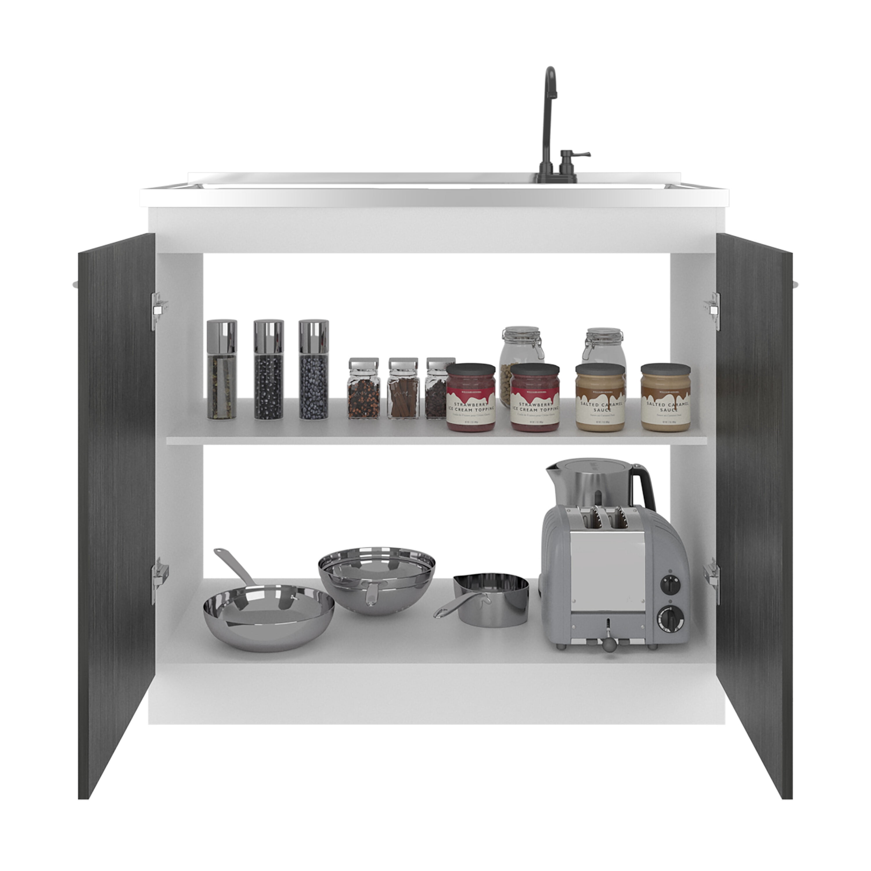 Undermount Kitchen Sink, Napoles Utility Sink with Faucet Inclued and Integrated Stainless Steel Counter top, Freestanding cabinet with two doors, Metal Handles and Two interior shelves, Gray+White